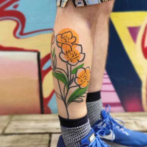 buttercup tattoo by Kirsty Simpson, resident artist at Dead Slow, Brighton Tattoo Studio